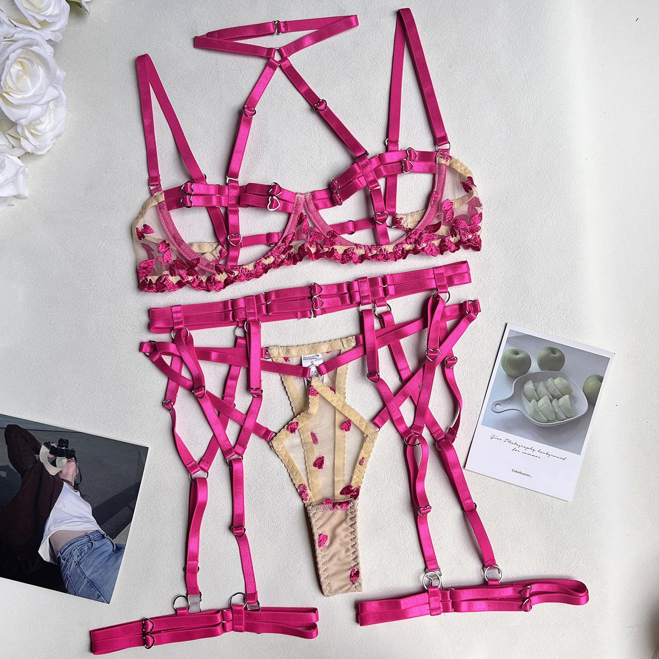 3dílná síťovaná spodní souprava s motivem srdce