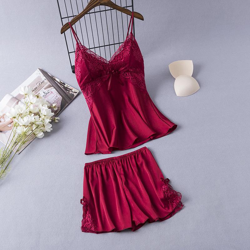 Dámské saténové pyžamo s krajkou a mašlemi