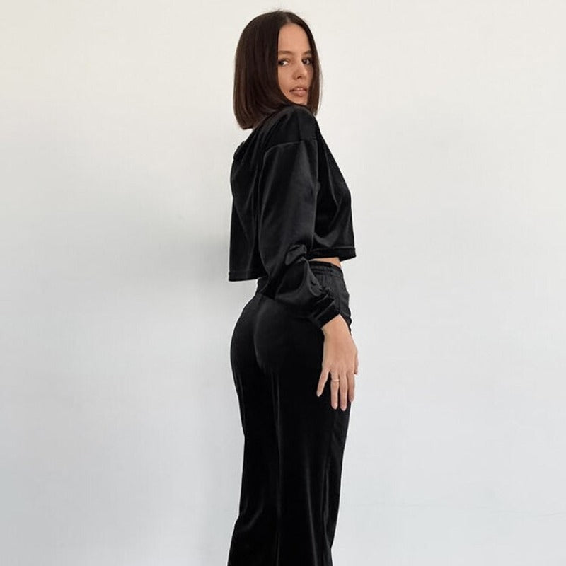 Dlouhý sametový set domácího oblečení s odhalenými rameny