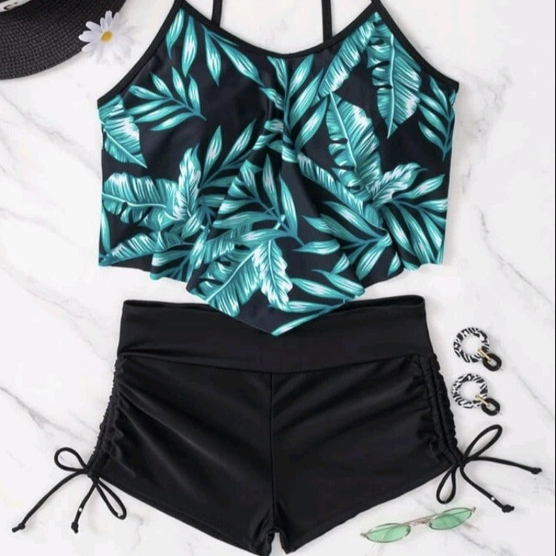 Dvoudílné tankiny plavky s kraťasy a lístkovým topem