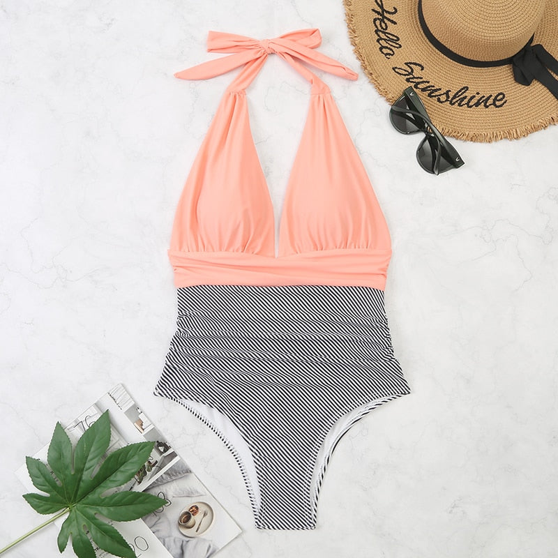 Monokini dvoubarevné jednodílné plavky s ramínky na krk