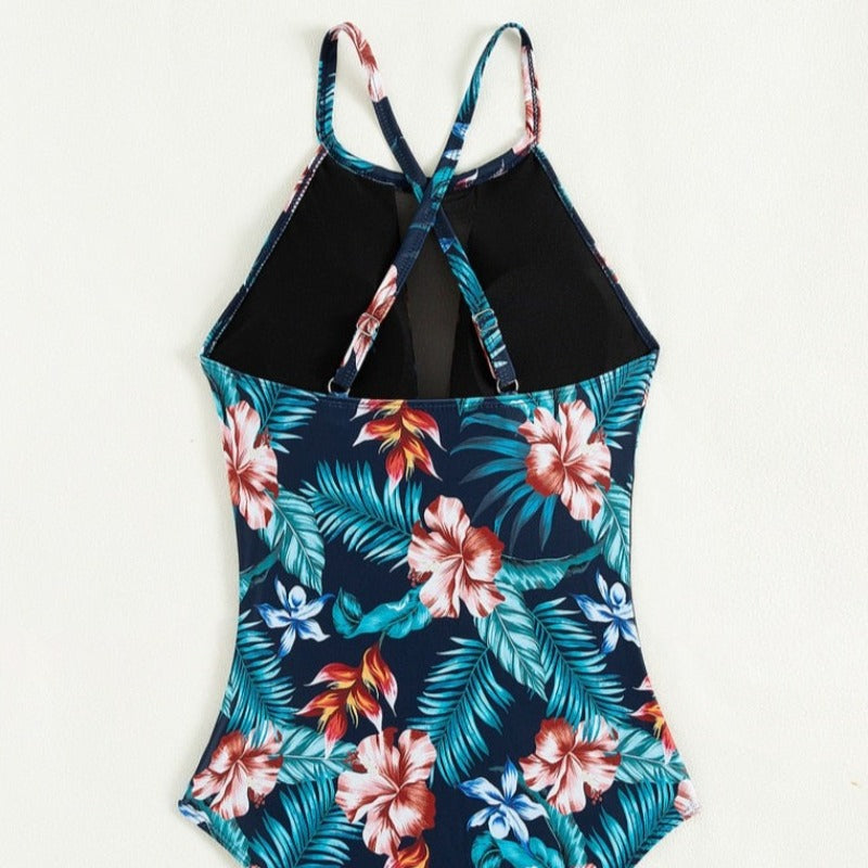 Jednodílné plavky monokini s květinovým vzorem a síťovinou
