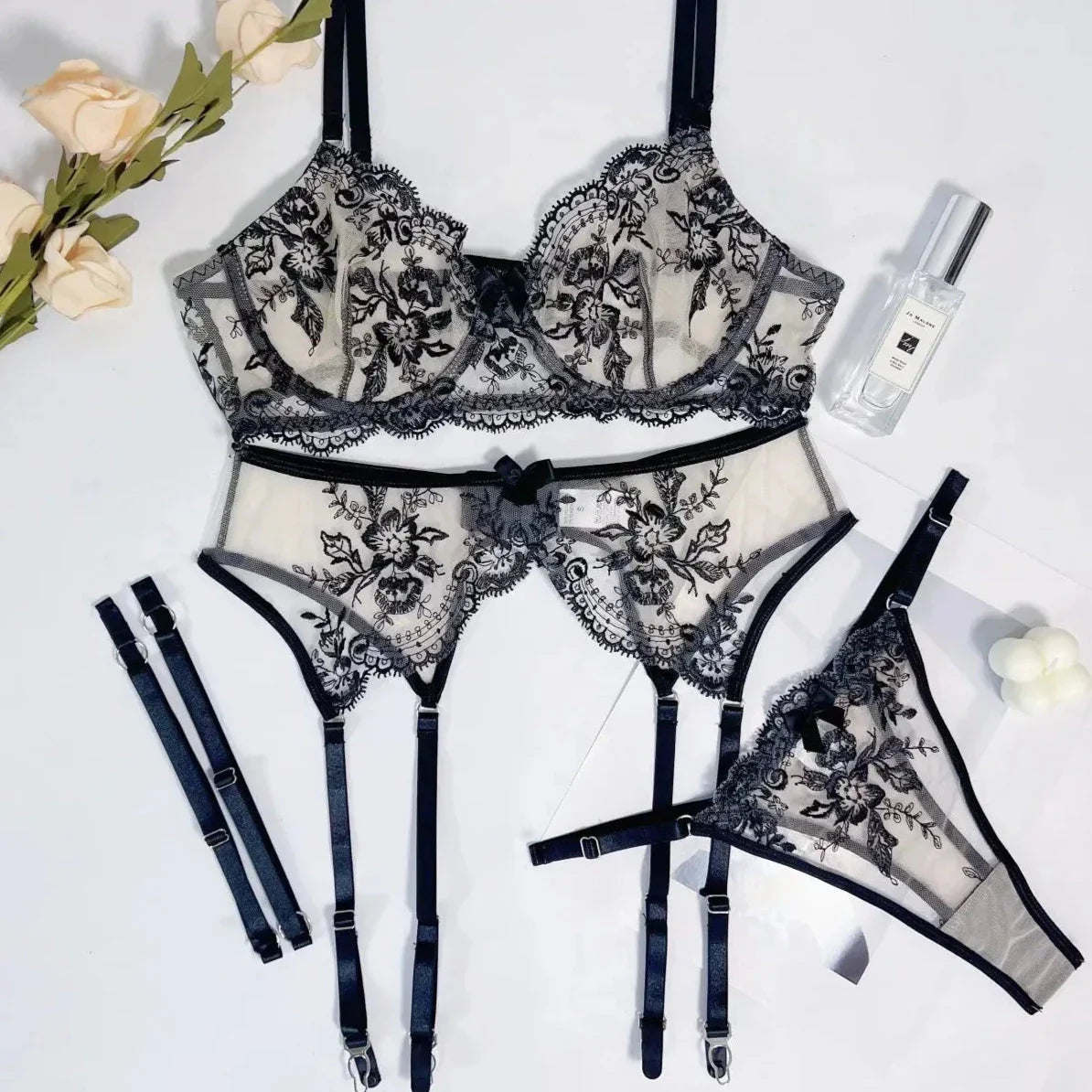 3dílná krajková spodní souprava s květinovým vzorem