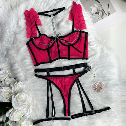 3dílná síťovaná spodní souprava s řetízky a volánky