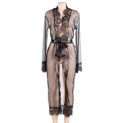 Černý dlouhý průhledný župan s krajkou