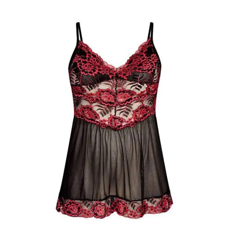 Černá síťovaná noční košilka s růžovou krajkou pro větší velikosti