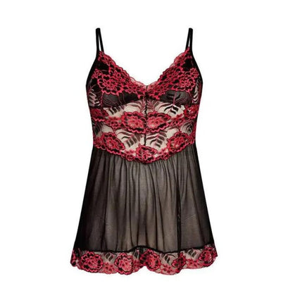 Černá síťovaná noční košilka s růžovou krajkou pro větší velikosti