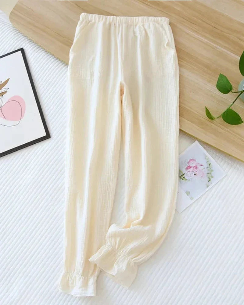 Dlouhé volné mušelínové kalhoty s volánky