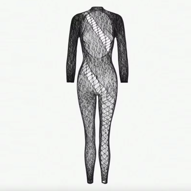 Bodystocking s leopardím vzorem a otevřenými zády