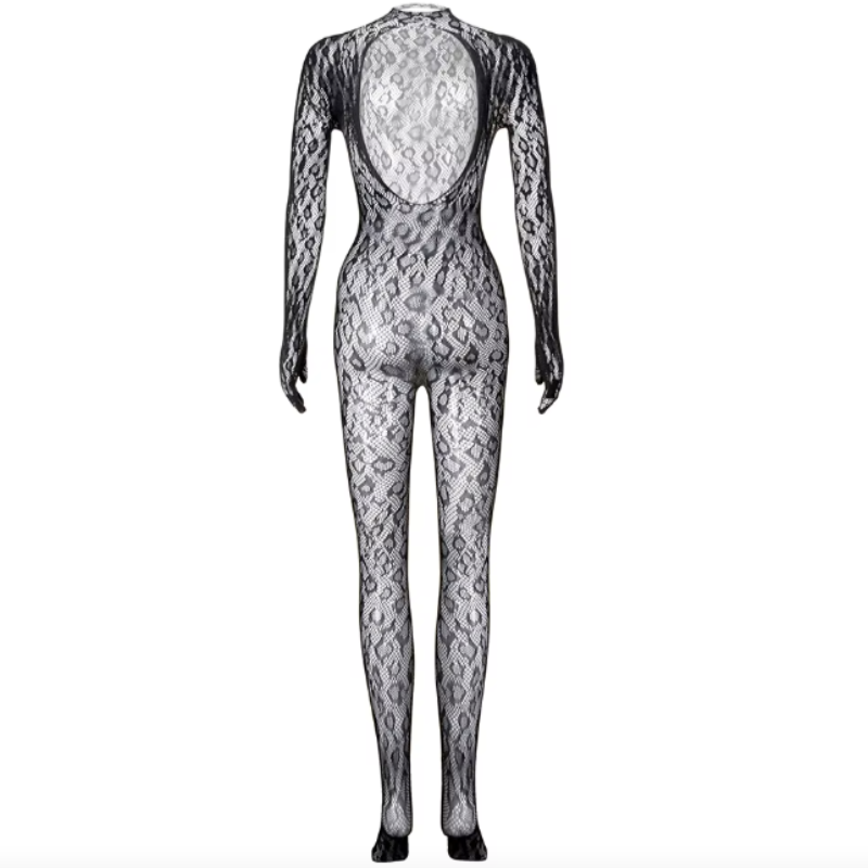 Bodystocking s leopardím vzorem a otevřenými zády