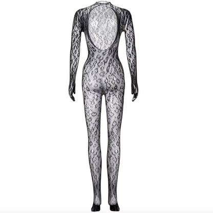 Bodystocking s leopardím vzorem a otevřenými zády
