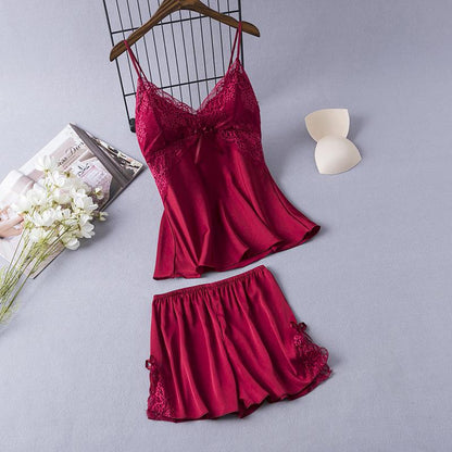 Dámské saténové pyžamo s krajkou a mašlemi