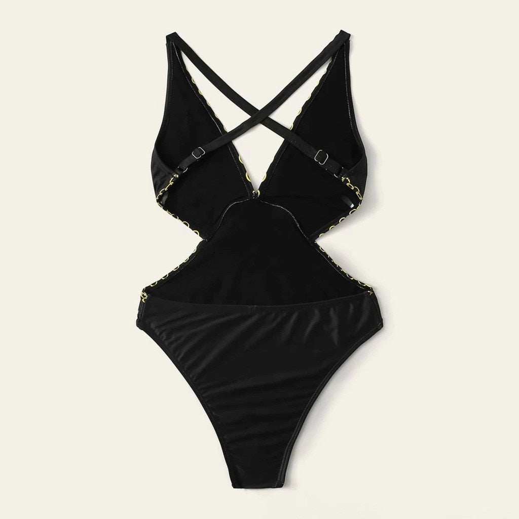 Černé monokini jednodílné plavky s výřezy