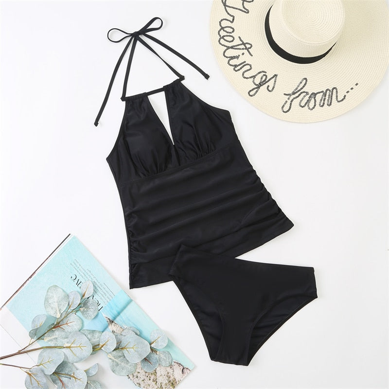 Dvoudílné tankiny plavky s vázáním ve výstřihu