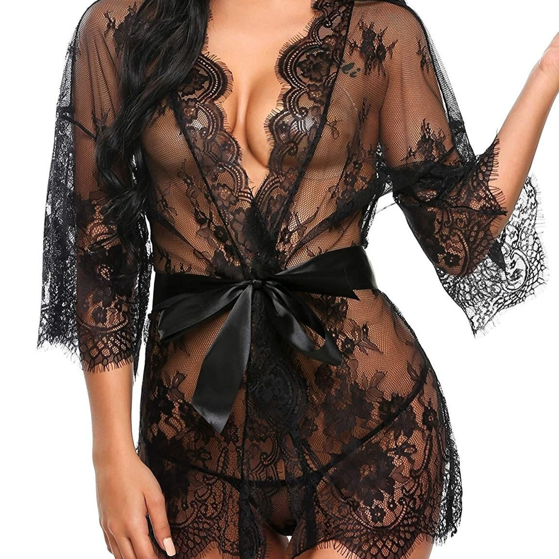 Průsvitný krajkový župan s ozdobným páskem