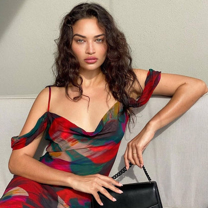 Červené průsvitné maxi letní šaty