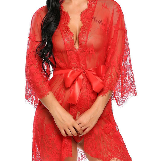 Průsvitný krajkový župan s ozdobným páskem