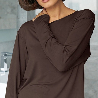 Dlouhý hnědý set domácího oblečení s širokými nohavicemi