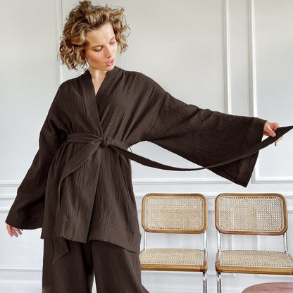 Dlouhý volný střih domácího oblečení s vázáním