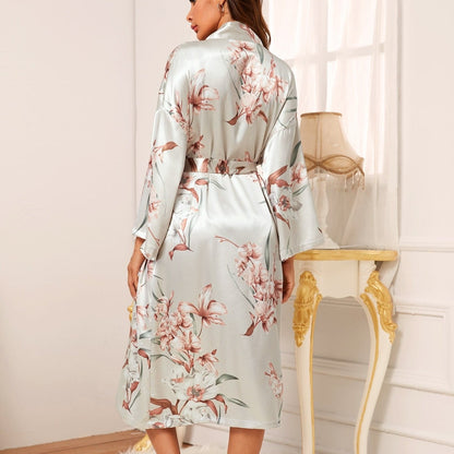 Dlouhý saténový květinový župan