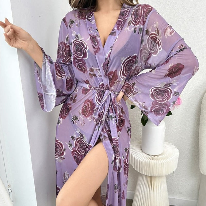 Dámský dlouhý župan s růžovým vzorem a zavazováním