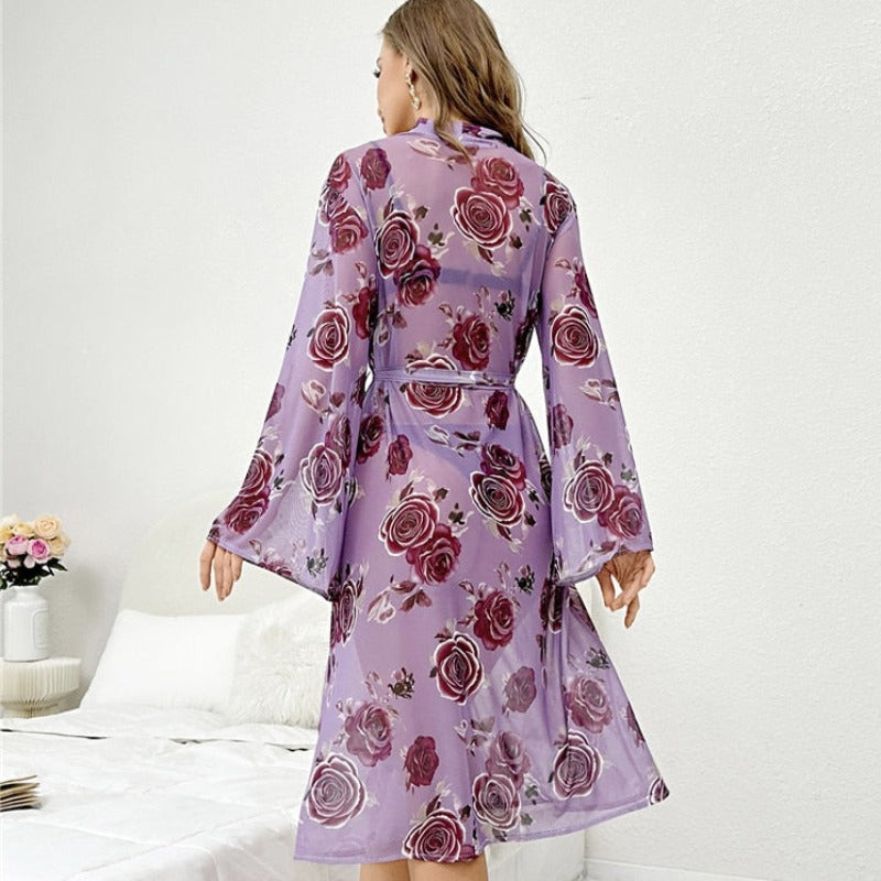 Dámský dlouhý župan s růžovým vzorem a zavazováním