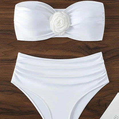 Dvoudílné bikiny bandeau s růžovým vzorem