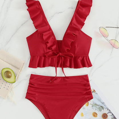 Dvoudílné jednobarevné bikiny s volánkem