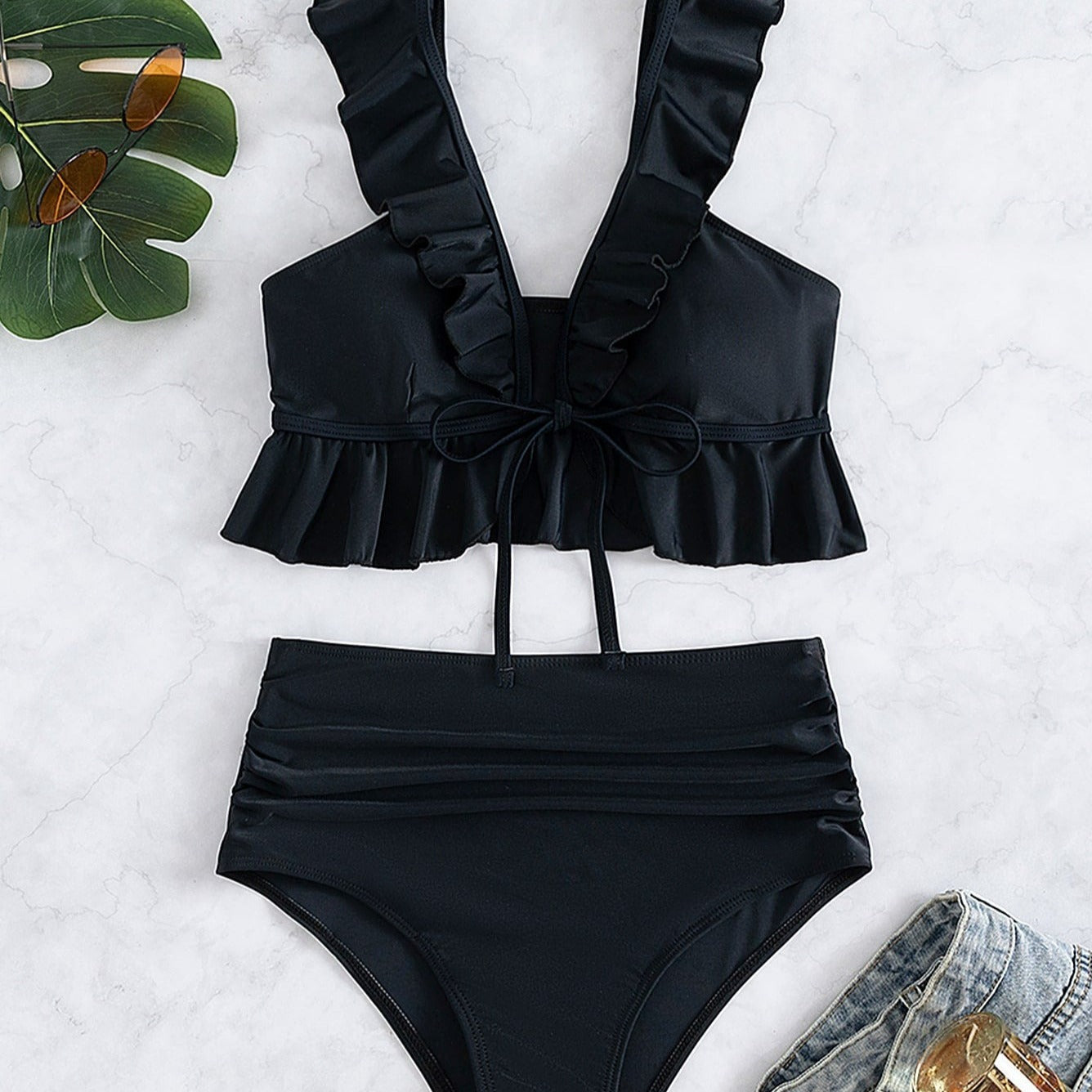 Dvoudílné jednobarevné bikiny s volánkem