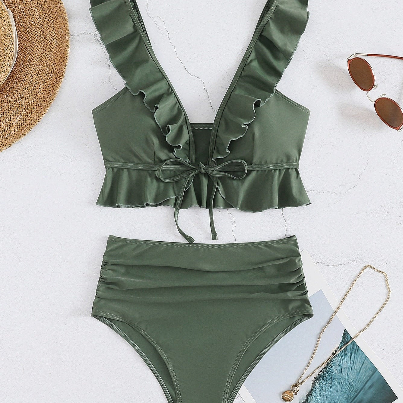 Dvoudílné jednobarevné bikiny s volánkem