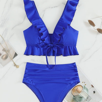 Dvoudílné jednobarevné bikiny s volánkem