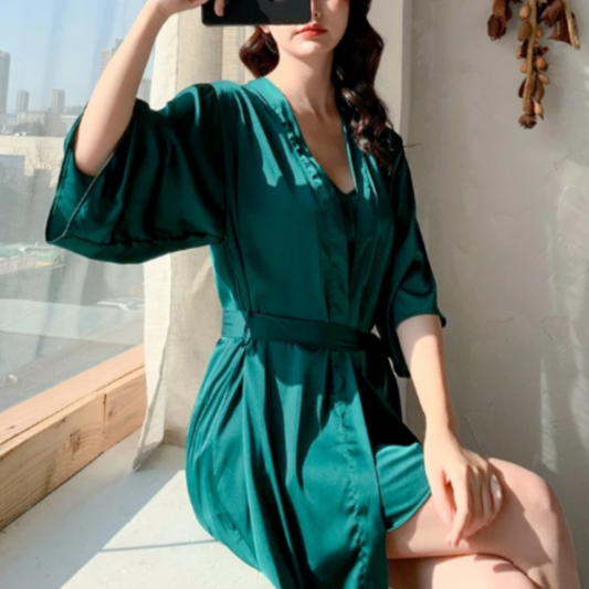 Elegantní zelený saténový župan