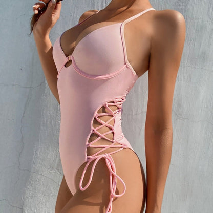 Hladké monokini jednodílné plavky s vázáním