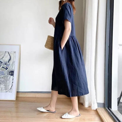 Jednoduché midi letní šaty s kapsami