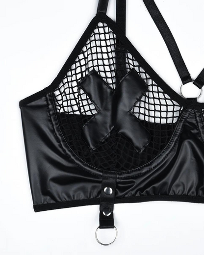 Sada spodního prádla s ozdobnými křížky a koženými prvky