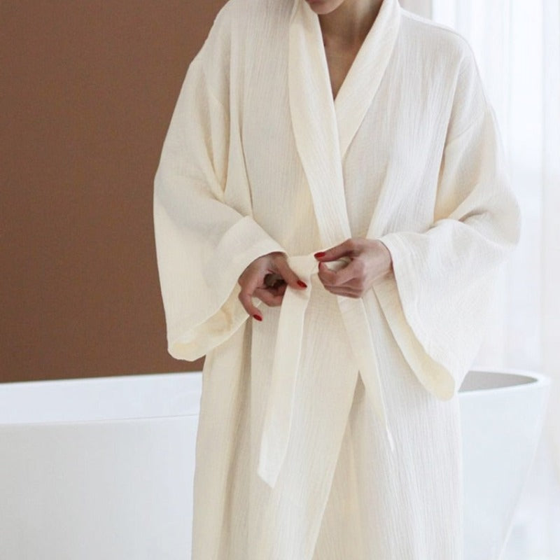 Dlouhý bavlněný župan v krémové barvě pro ženy