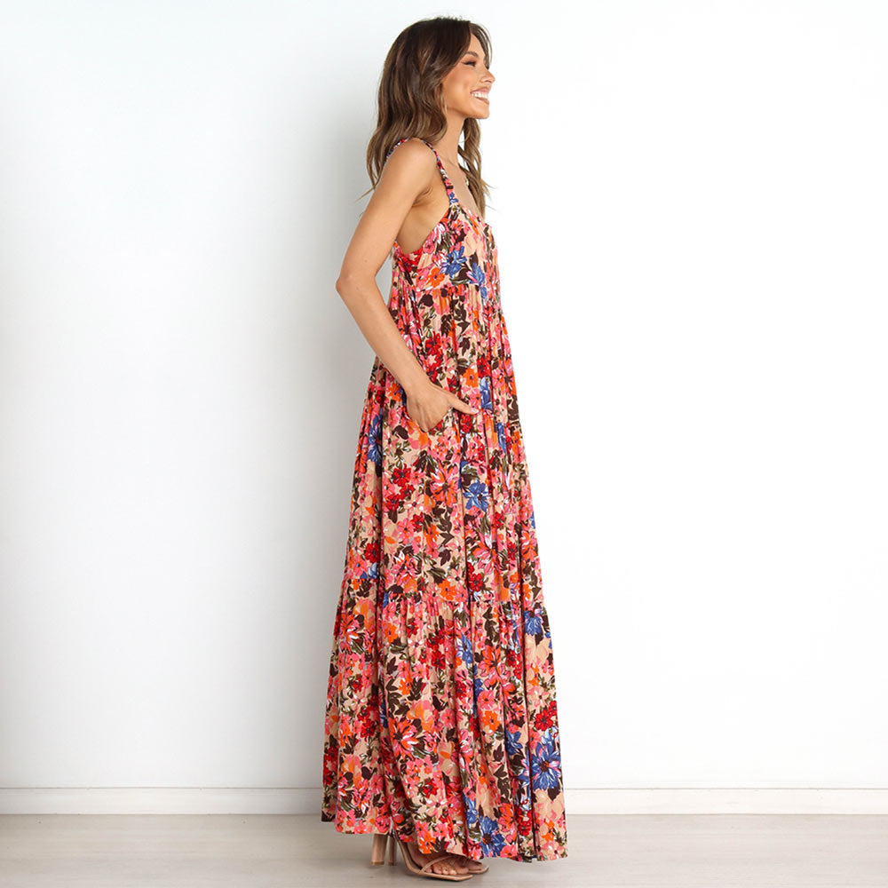 Volné letní květinové maxi šaty s kapsami