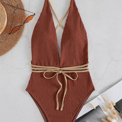 Jednodílné plavky Monokini se zavazováním na vázání a hlubokým výstřihem