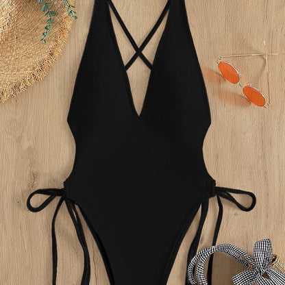 Jednodílné plavky Monokini s detailem zavazování a výstřihem do V