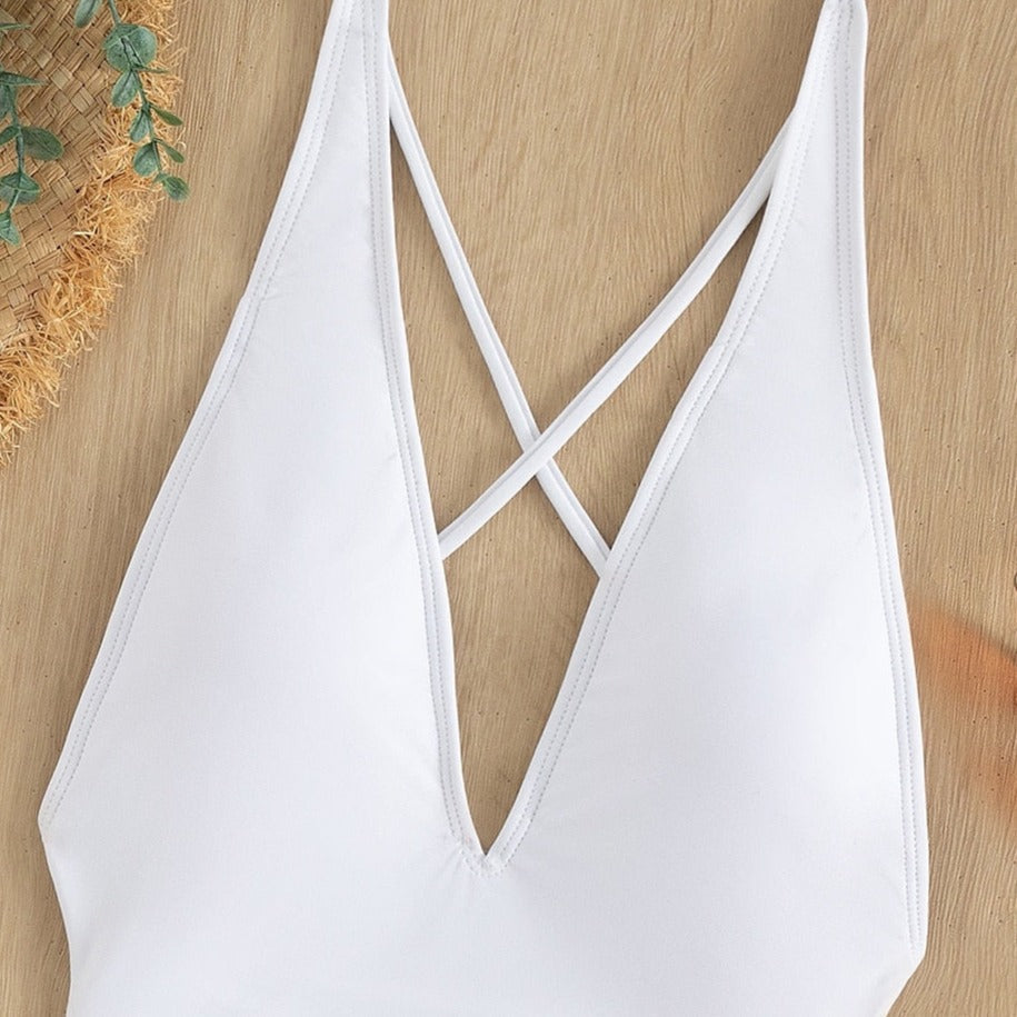 Jednodílné plavky Monokini s detailem zavazování a výstřihem do V