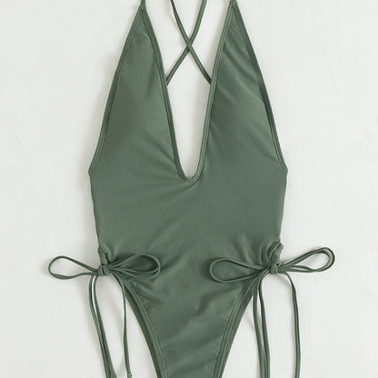 Jednodílné plavky Monokini s detailem zavazování a výstřihem do V
