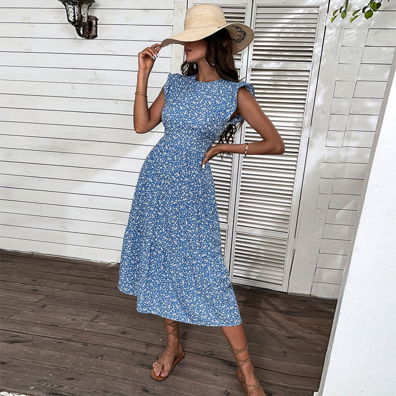 Modré midi letní šaty s motýlími rukávy