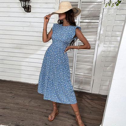 Modré midi letní šaty s motýlími rukávy