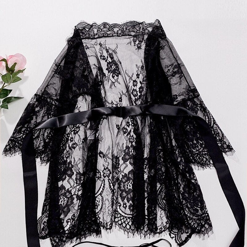 Průsvitný krajkový župan s ozdobným páskem