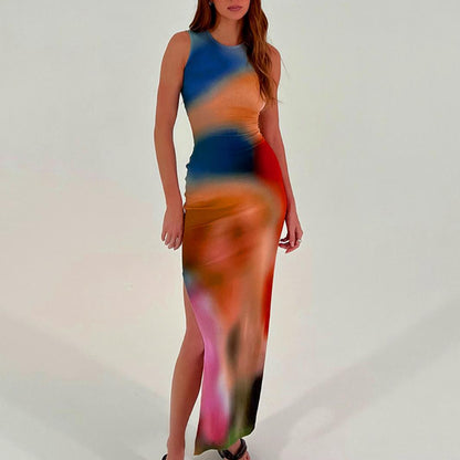 Barevné letní maxi šaty s rozparkem