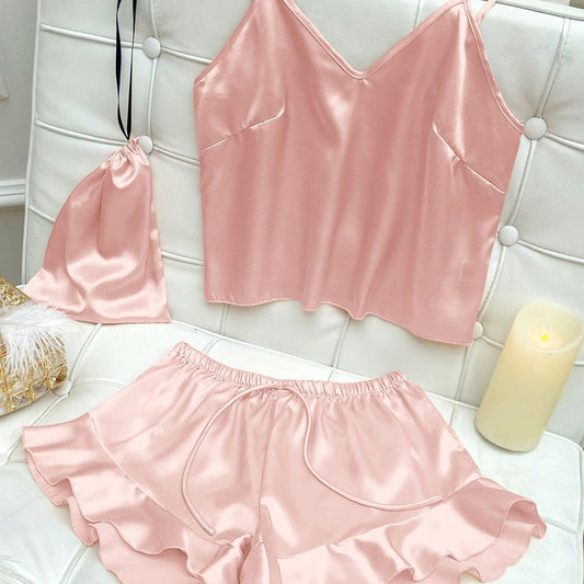 Hladké saténové pyžamo pro ženy s volánky