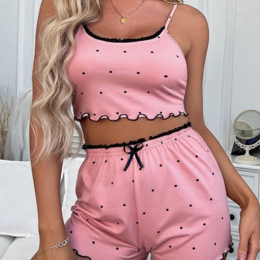 Dámské kontrastní pyžamo s puntíkovaným vzorem na ramínka