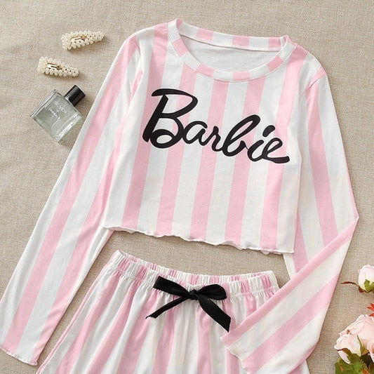 Dámské růžové pruhované pyžamo s dlouhým rukávem