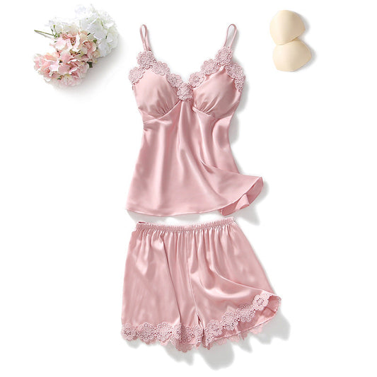 Dámské saténové pyžamo s ramínky a krajkou