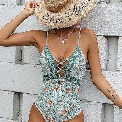 Zelené monokini jednodílné plavky s vázáním vpředu